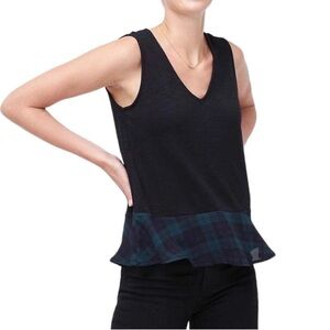 J. Crew Black Drapey V-neck Tank Top With Woven Green Blue Tartan Plaid Hem